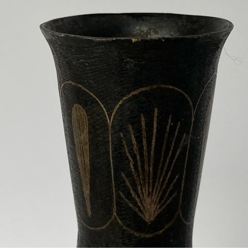 Vintage Brass Vase Etched India 7” Tall Metal Old Brown Bud Flower Engraved